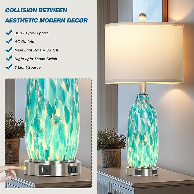 26" Peacock Green Glass Table Lamps Set of 2,Coastal Nautical Bedside Lamps with USB Ports & AC Outlet,Lamparas Elegantes para Cuarto with Night Light for Bedroom Living Room Decoration