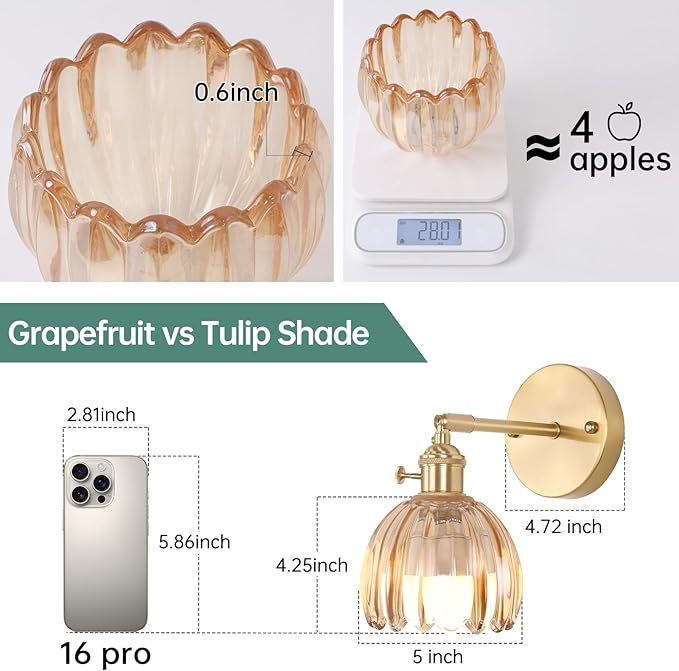 Vintage Battery Operated Wall Sconce with Cute Amber Tulip Glass Lampshade Wireless Rechargeable Battery Powered Wall Light with Remote Control for Bedside Bedroom Doorway, Set of 2
