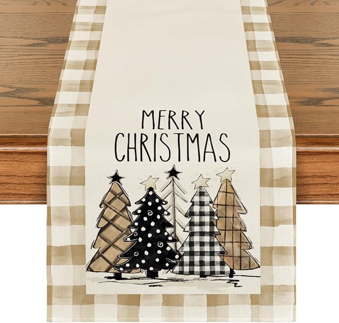 Artoid Mode Watercolor Brown Buffalo Plaid Christmas Trees Merry Xmas Table Runner, Seasonal Winter Holiday Kitchen Dining Table Decoration for Home Party Decor 13 x 72 Inch