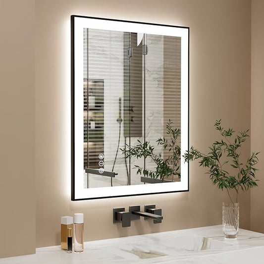 24x32 Inch LED Bathroom Mirror with Black Frame, Backlit and Front Lighted Bathroom Mirrors for Wall, Anti-Fog, Dimmable, Memory, Shatterproof, LED Vanity Mirror for Bathroom