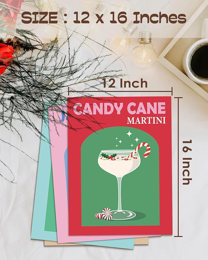 Wheatwin Retro Cocktail Christmas Wall Art Prints Set of 4, Funny Gingerbread Alcoho Wine Glass Print Cute Preppy Posters Aesthetic, Dorm Bar Party Kitchen Decor, 12x16 (Unframed)