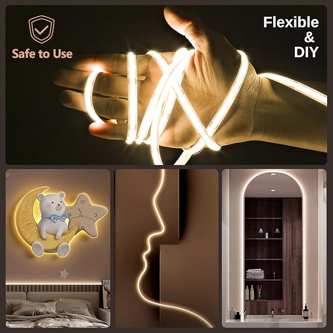 COB LED Strip Light White, Dimmable 2700K-6500K High Density 6080LEDs 24V Flexible LED Tape Light with Remote and APP Control, for Under Cabinet Bedroom Kitchen DIY Lighting,1 Rolls of 32.8ft