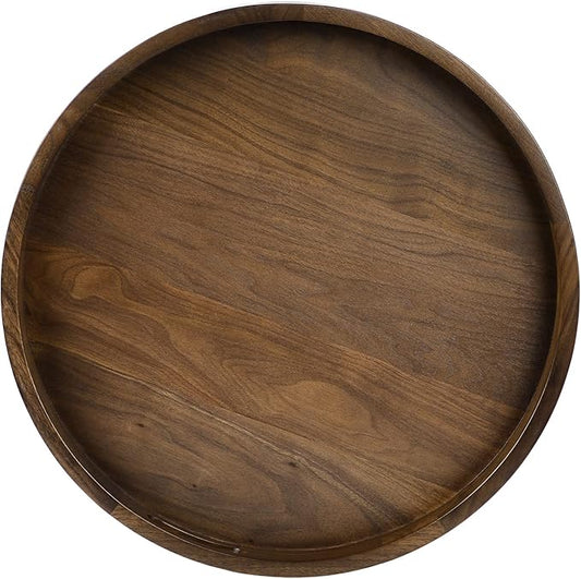 20 x 20 inches Large Round Ottoman Table Tray Wooden Solid Black Walnut Circle Platter Decorative Serving Tray with Handle for Oversized Ottoman Home Breakfast in Bed Tea Coffee