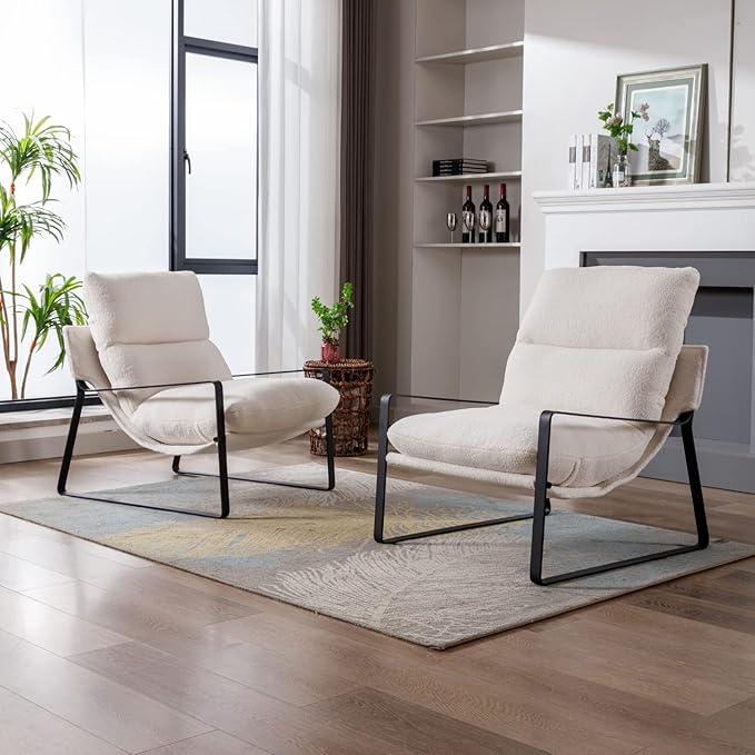 HEAH-YO Modern Accent Chair Set of 2, Upholstered Sherpa Living Room Chair with Backrest and Metal Frame, Comfy Reading Chair for Bedroom, White