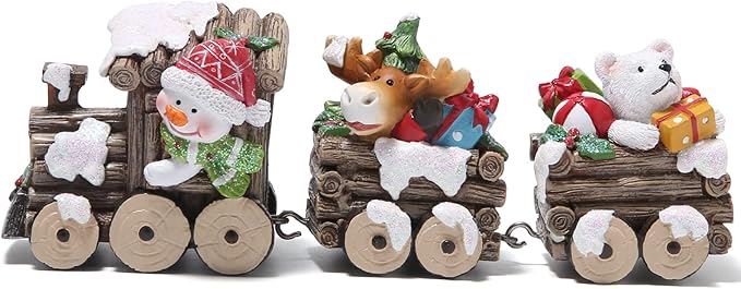 Hodao Christmas Decorations Indoor Home Decor Christmas Small Train Figurines Winter for Table Top Centerpiece Fireplace Decor Cute Christmas Train Decoration Gift (Wood Color Train)