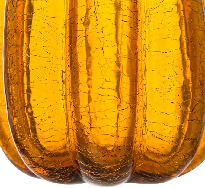 Glitzhome 9.06" Amber Hand Blown Crackle Glass Pumpkin for Fall Harvest Thanksgiving Halloween Decoration