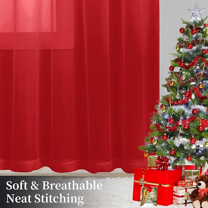 Sheer Curtains 84 Inches Long 2 Panels, Rod Pocket Short Curtain for Kitchen, Bedroom, Cafe Window(Christmas Red 38" W x 84" L)