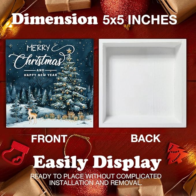 Christmas Signs, Merry Christmas Wooden Sign Deer Decor, Happy New Year Wooden Block Sign, Christmas Home Decor for Table Shelf 5 x 5 Inch