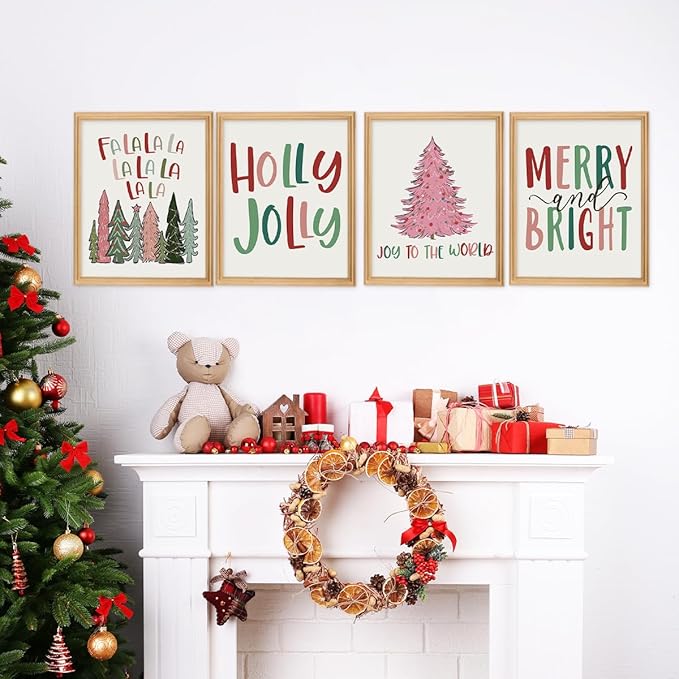Wheatwin Pastel Christmas Decor, Funny Christmas Tree Wall Art Prints Set of 4, Trendy Decor Christmas Gifts for Bathroom Farmhouse Living Room Bedroom, 8x10 (Unframed)