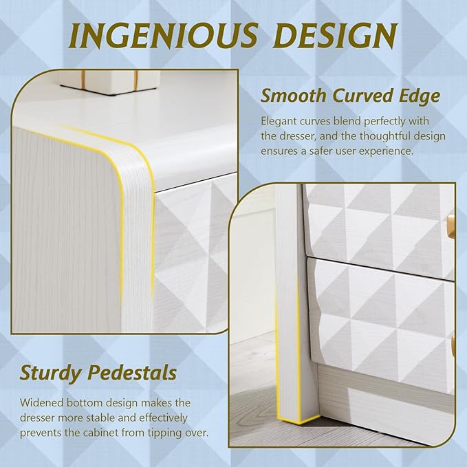 Modern Night Stand Set 2, 23.62" Wide Wood Side Table w/2 Storage Drawers &Open Shelf &Charging Station, Mid Century Modern Bedside w/Diamond Panel Decorate for Bedroom, Curved Profile Design, White
