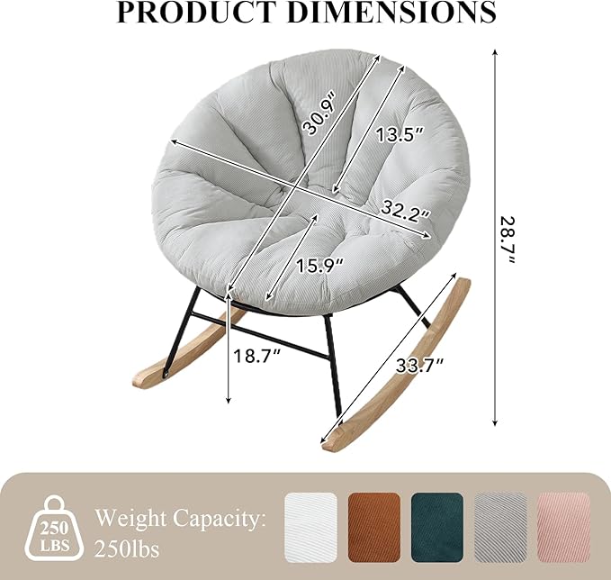 NIOIIKIT Nursery Saucer Rocking Chair, Corduroy Upholstered Round Glider Chair, Nursing Chair with Comfy Cushion, Tufted Papasan Chair, Cozy Reading Chair for Living Room, Bedroom (Beige)