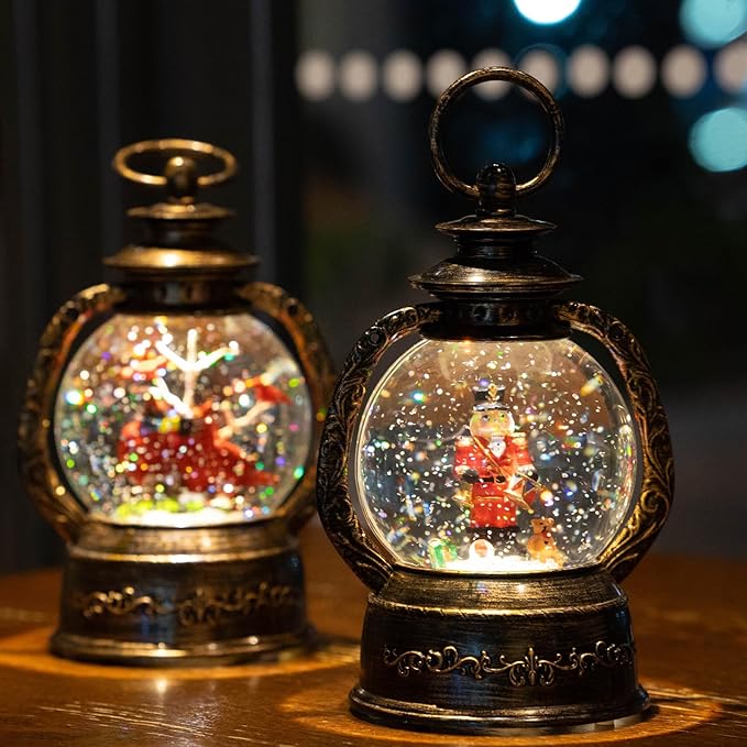 Musical Snow Globe Lantern Lighted Nutcracker Christmas Snow Water Lantern Swirling Glittering Home Decoration and Gift, Battery Operated or USB Powered