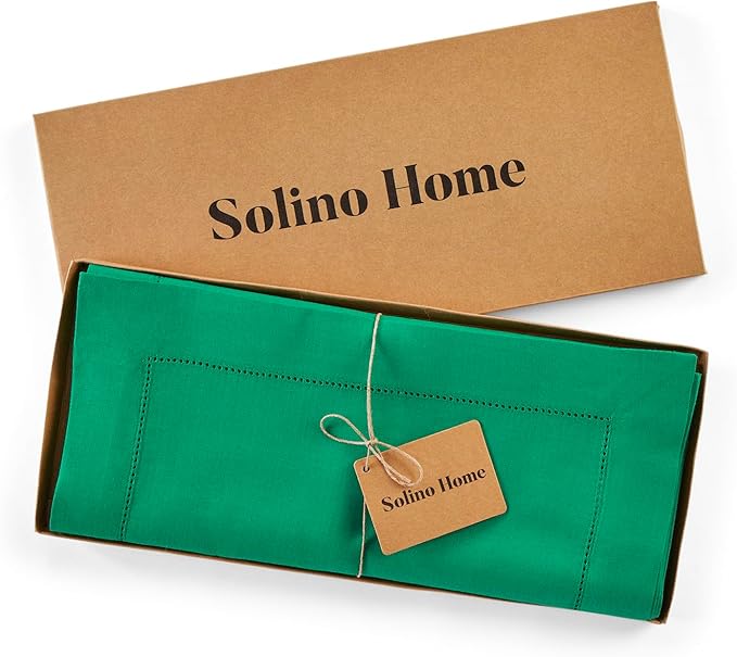 Solino Home Linen Hemstitch Table Runner 120 Inches Long - 100% Pure Linen Emerald Green Table Runner 14 x 120 Inch for Christmas - Classic Hemstitch