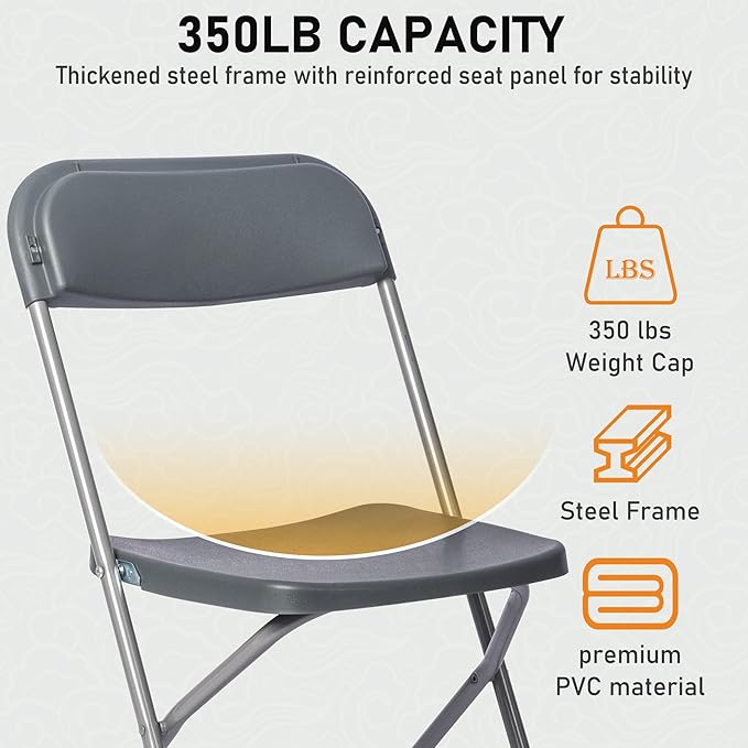 SEALAMB 6 Pack Gray Plastic Folding Chairs for Indoor Outdoor, Portable Commercial Seat with Steel Frame for Home Office Wedding Party Events, 350lb Capacity (Gray-Plastic, 6 Pack)