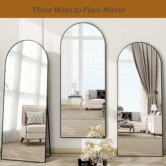 Full Length Mirror, 71"*26" Arched Full Body Mirror with Stand, Large Floor Mirrors for Leaning or Hanging, Big Mirrors for Bedroom, Living Room,Dressing Room, Aluminum Alloy Frame, Black