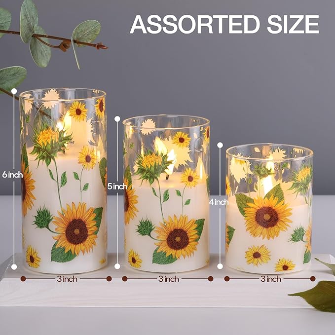 Sunflower Glass Flameless Candles with Remote, Battery Operated Flickering LED Pillar Candles Set of 3