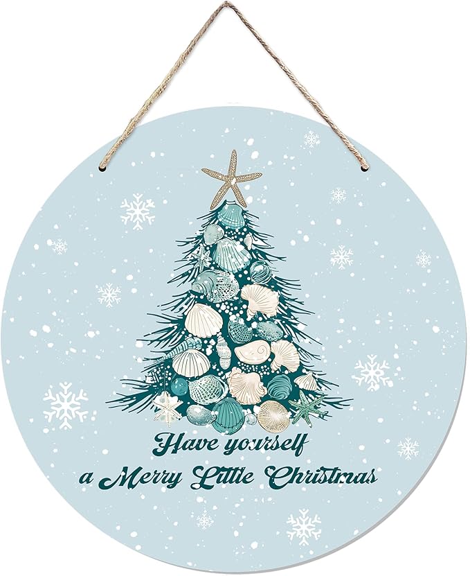 CGBHW Coastal Christmas Tree Wooden Sign, Ocean Coastal Holiday Christmas Xmas Beach Hanging Sign Wall Decor, Have yourself a Merry Little Christmas Tree Shell Beach Home Door Decor 12 x 6 Inch