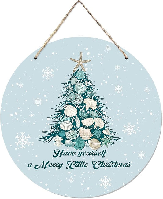 CGBHW Coastal Christmas Tree Wooden Sign, Ocean Coastal Holiday Christmas Xmas Beach Hanging Sign Wall Decor, Have yourself a Merry Little Christmas Tree Shell Beach Home Door Decor 12 x 6 Inch