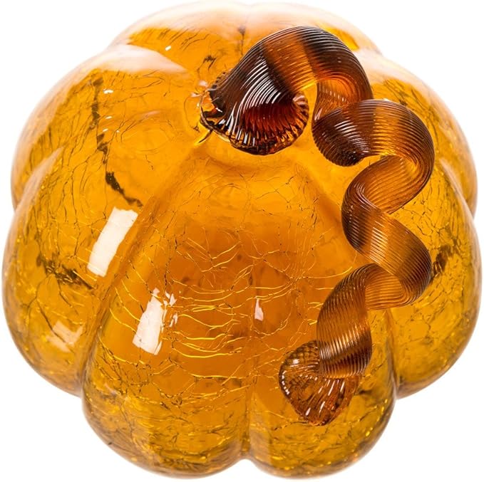 Glitzhome 6.69 Inch Amber Hand Blown Ornaments Crackle Glass Pumpkin for Fall Thanksgiving Halloween and Home Decor
