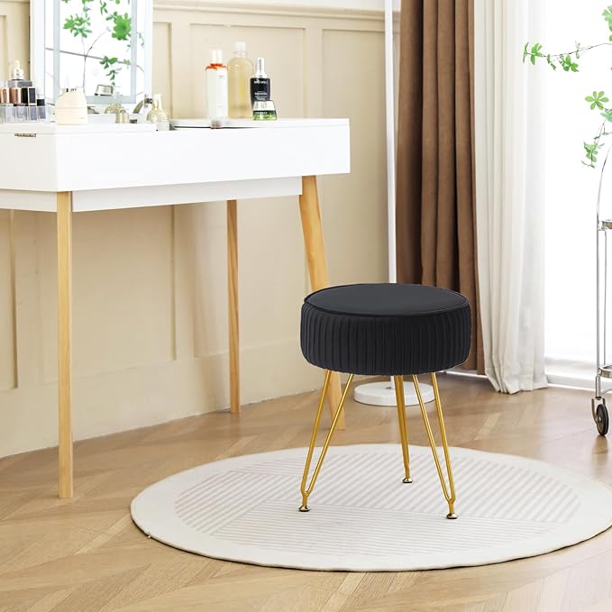 Velvet Vanity Stool Chair, Round Makeup Vanity Chair with Adjustable Metal Legs & Soft Padded Seat, Ottoman Foot Stool for Bedroom, Living Room, Entryway, Black