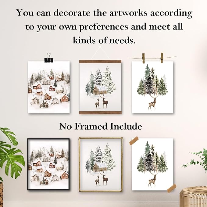 TFKFJLF Winter Scene Wall Art Poster Decor, Winter Wonderland Deer Pictures Decor Wall Art, Rustic Christmas Decorations for Bedroom Bathroom Living Room Office, Unframed 8x10in Set of 4