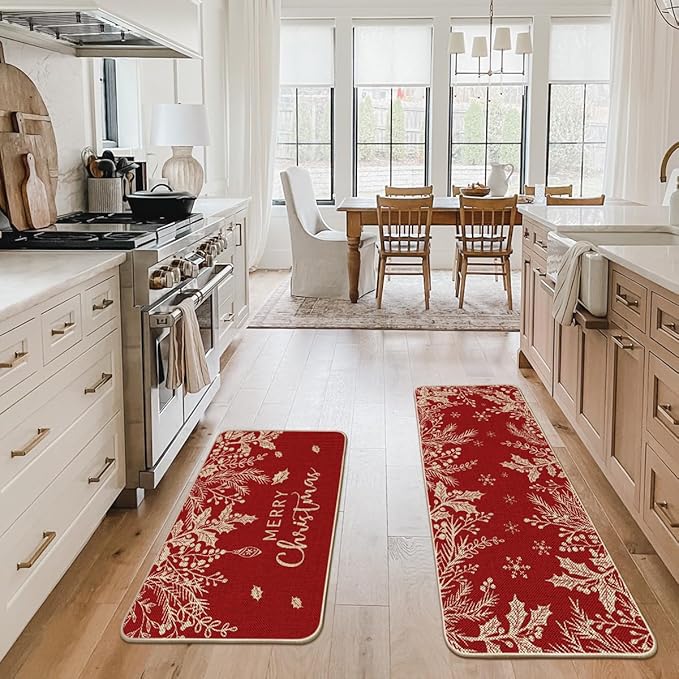 Artoid Mode Holly Pine Branches Leaves Merry Christmas Kitchen Mats Set of 2, Winter Decor Low-Profile Kitchen Rugs for Floor - 24x35 and 24x59 Inch