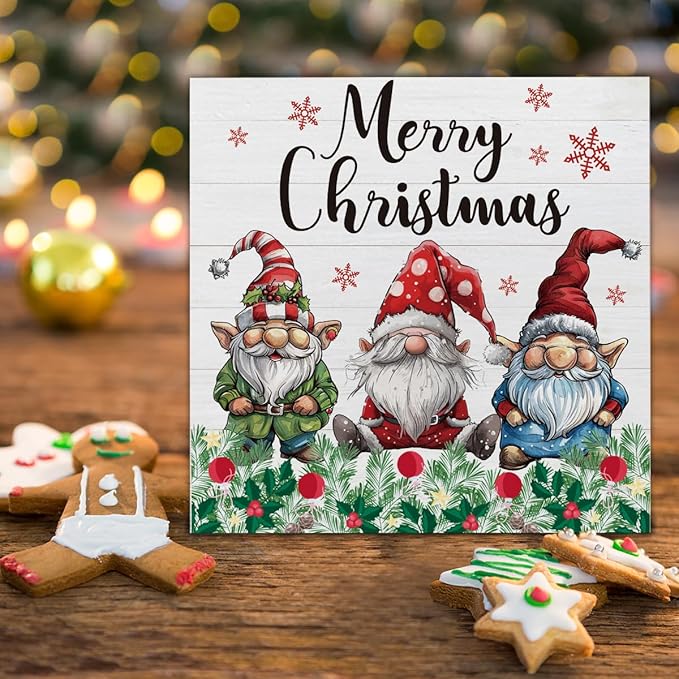 Christmas Signs, Merry Christmas Wooden Sign Decor, Christmas Gnomes Wooden Block Sign, Indoor Christmas Decor for Table Shelf 5 x 5 Inch