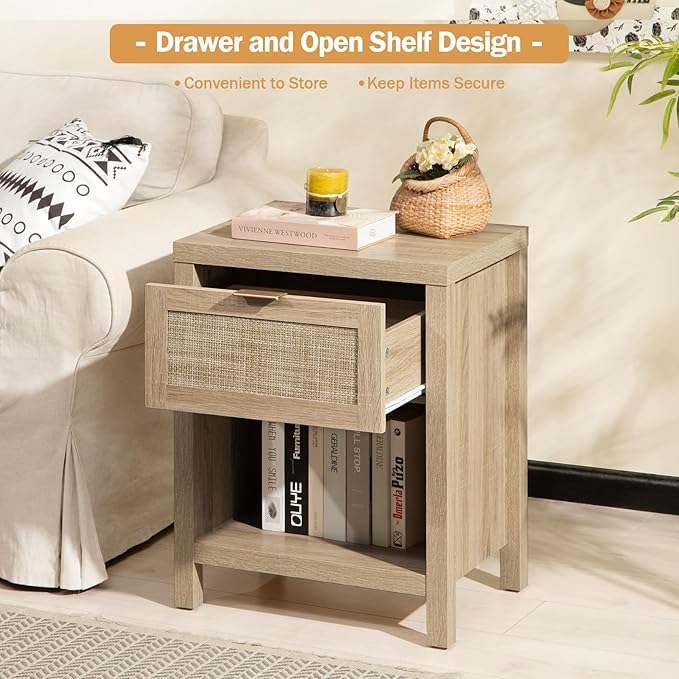 SICOTAS Rattan Nightstands Set of 2, Farmhouse Night Stand Bedside Table with Drawer and Storage Shelf - Boho End Side Table for Bedroom, Light Oak