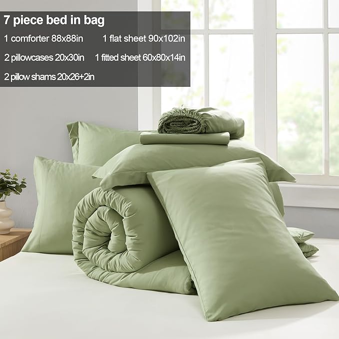 Homelike Moment Queen Comforter Set with Sheets, 7 Piece Sage Green Comforter Set Queen Size, Full Size Bed in a Bag Lightweight and Machine Washable