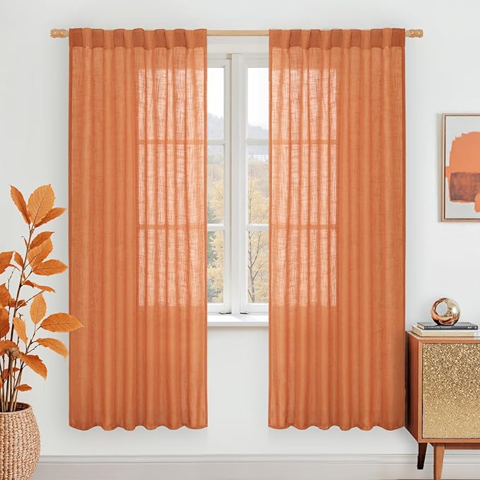 LAMIT Burnt Orange 78 inch Linen Curtains for Living Room 2 Panels, Linen Textured Light Filtering Semi Sheer Back Tab and Rod Pocket Panels for Bedroom/Farmhouse, 52 x 78 Inch