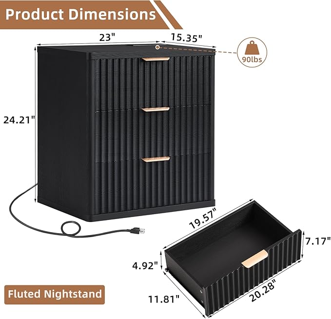 LEYAOYAO 23" Wide Fluted Farmhouse Night Stand Set of 2 with Charging Station, 3 Drawers Large End Table w/Metal Handle,Black Nightstand Bedside Table,Wood Dresser for Bedroom, Closet
