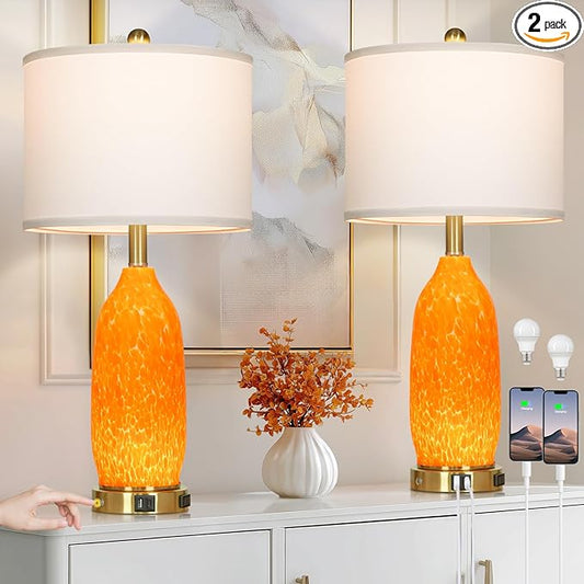 26" Modern Orange Glass Table Lamp Set of 2,Bedside Lamps with USB A+C Ports & AC Outlet, Nightstand Lamp with 3-Way Dimmable Touch Control Night Light for Bedroom Living Room(Bulbs Included)