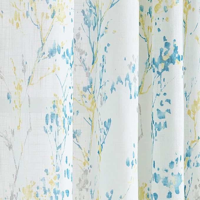 Branch Semi Sheers Curtains Living-Room 84inch Long Yellow Teal Watercolor Print Tree Curtain Drapes for Bedroom Linen Textured Look Privacy White Sheer Window Panels for Dining Grommet Top 2pcs