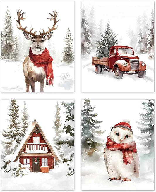 TLESKE Winter Christmas Snowy Woodland Animals Posters Prints Unframed Set of 4, Deer Reindeer Moose Owl with Red Scarf Wall Art Prints Decor for Nursery Bedroom, Christmas Pine Trees Wall Pictures, 8x10 Inches