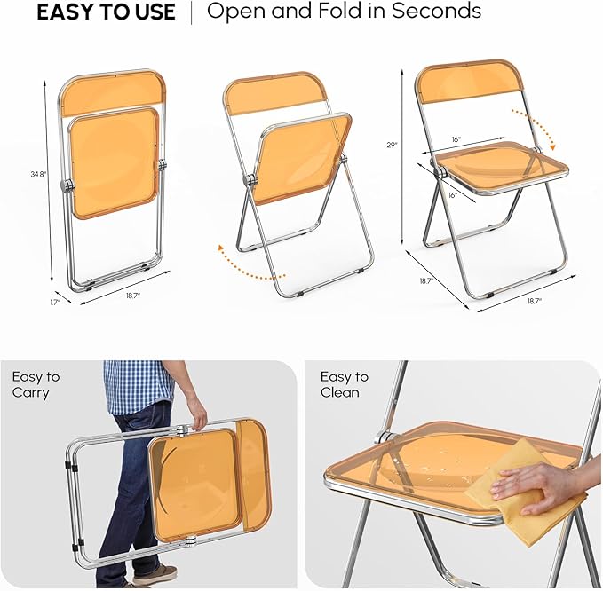 VINGLI Acrylic Folding Chairs 2 Pack, Clear Chair Foldable and Stackable, Plastic Panel & Metal Chrome Frame, Weight Capacity 350 lbs, Orange