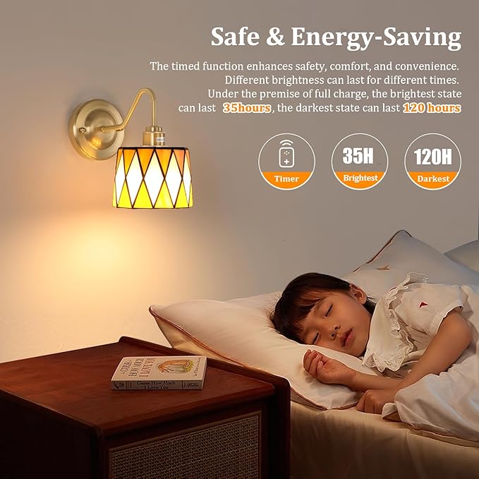 Vintage Battery Operated Wall Sconce Set of 2, 5000mAh Rechargeable Wall Lamp 12 RGB Colors Dimmable, Gold Lights Fixture for Bedroom Bathroom Living Room Hallway Orange Checker