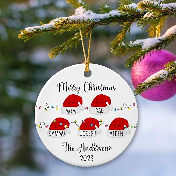 Merry Christmas Family Santa Hats Ornament, Personalized Family Ceramic Ornament, Family of 6 Ornament Gift for Family Keepsake, Custom 1st Xmas As A Family of Six Ornament 2025, Santa Ornaments