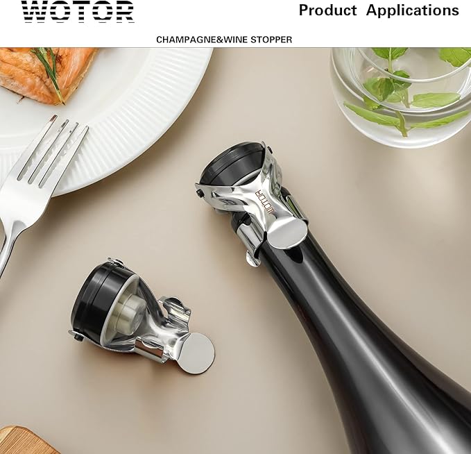 WOTOR Champagne&Wine Bottle Stoppers Stainless Steel with Food Grade Silicone, Leak Proof Keep Fresh Reusable Saver, Cork Suitable for Wine, Champagne, Cava, Prosecco and Sparkling (6 Pack Silver)
