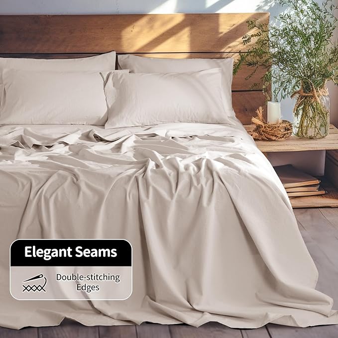 LBRO2M 100% Linen Sheet Set King Size, Bed Sheets 6 Piece Sets,Solid Color Natural Flax Bed Sheets Soft Breathable Bedding,16" Deep Pocket,All Season (King, Linen)