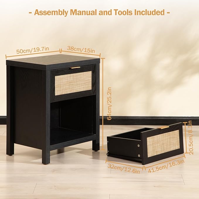 SICOTAS Rattan Nightstand, Farmhouse Night Stands with Drawer, Boho End Side Table for Bedroom, Small Space, Black Oak