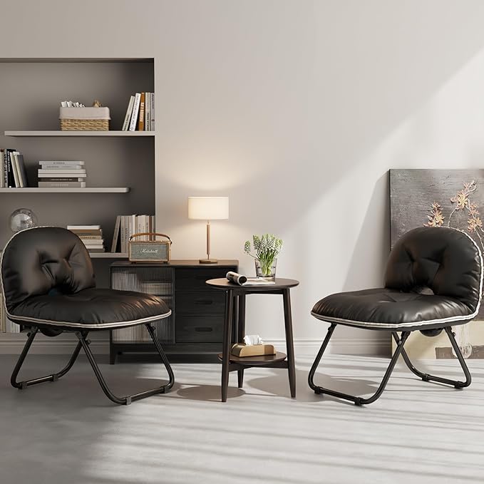 Folding Comfy Saucer Chair, Pu Leather Butterfly Chair, Moon Chair for Indoor & Outdoor, Small Reading Lounge Lazy Chair for Bedroom,Living Room, Dorm Rooms,Small Space (Black)