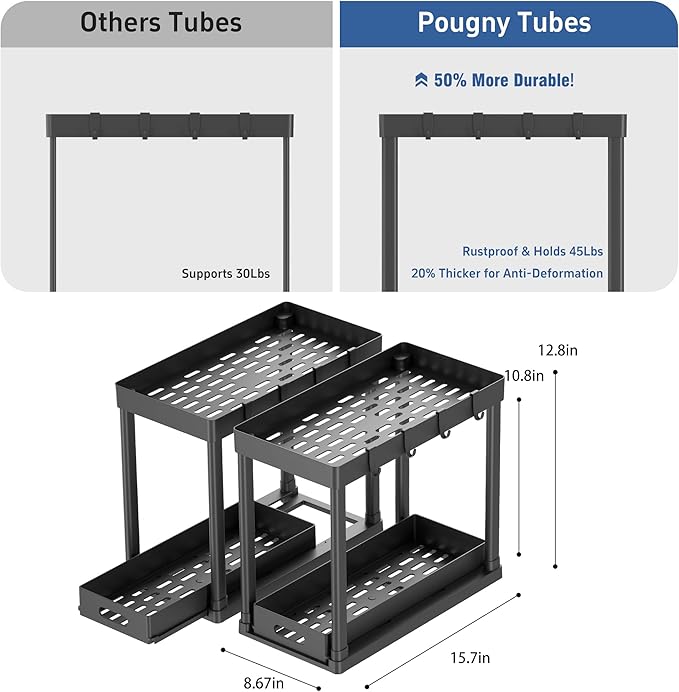 2PC Under Sink Organizer Rack 2 Tier Under Sliding Cabinet Basket Organizer Drawer with 4 Hooks, Multi-purpose Under Sink Storage for Bathroom Kitchen Desktop(Black)