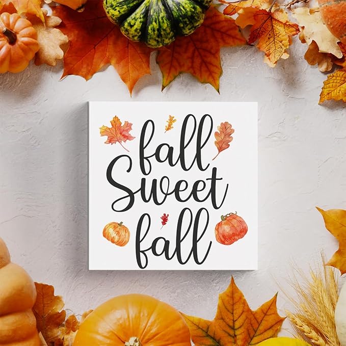 HTBIG Fall Wooden Box Sign Desk Decor, 5.1 X 5.1 Inch Pumpkin Autumn Wood Sign for Tiered Tray Decor for Home Living Room Harvest Day Thanksgiving Tabletop Decoration-Sweet Fall
