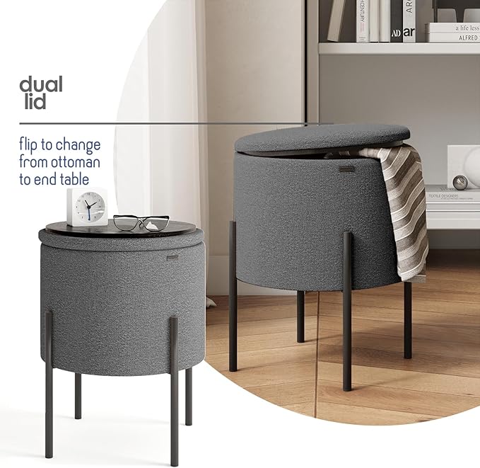STORAGEBUD Round Ottoman with Storage, Boucle Storage Foot Stool, Makeup Vanity Stool, Small Ottoman Foot Rest, Modern Ottomans for Living Room and Bedroom, Grey