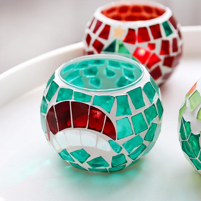 4 PCS Mosaic Glass Tealight Votive Candle Holders - Red & Green Christmas Table Centerpiece Decorations for Indoor/Outdoor Holiday Decor