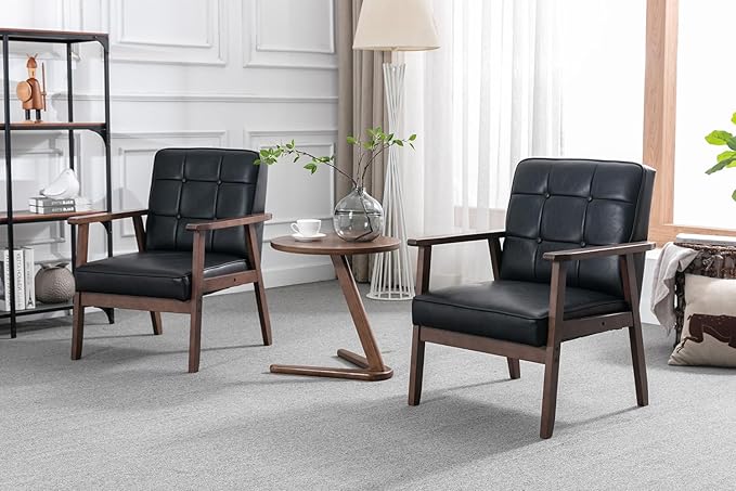 Okeysen Accent Chairs Set of 2, Mid Century Modern Accent Chair, Retro Wood and Leather Armchairs Side Chair, Lounge Reading Comfy Arm Chair for Living Room, Bedroom, Office(Matte Black)