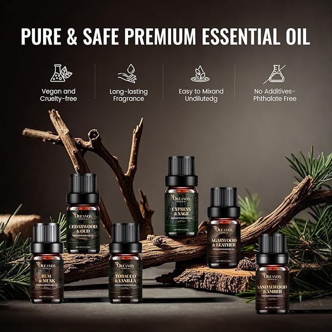 Men Essential Oils Gift Set, Premium Fragrance Oil for Diffusers for Home, Candle & Soap Scents,Agarwood & Leather,Tobacco & Vanilla, Sandalwood & Amber, Cypress & Sage, Rum & Musk,Cedarwood & Oud