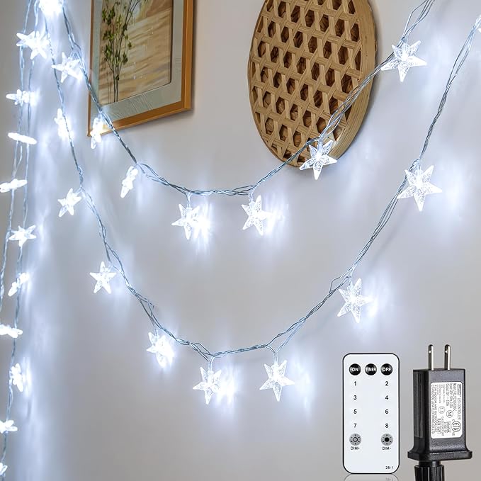 Star String Lights 59 Ft 100 LED Christmas Lights Plug in with Remote Timer 8 Modes Connectable Fairy Light for Bedroom Xmas Indoor Outdoor Decor, Cool White