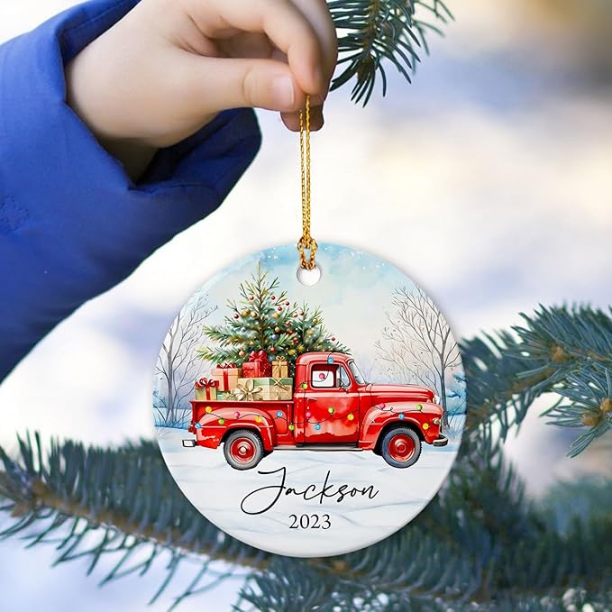 Merry Christmas Ceramic Ornament, Personalized Santa Truck Ornaments, Gift for Truckers, Custom Name Trucker Ornament for Dad Son, Red Truck Christmas Tree Decorations, Trucks Lovers Xmas Gifts