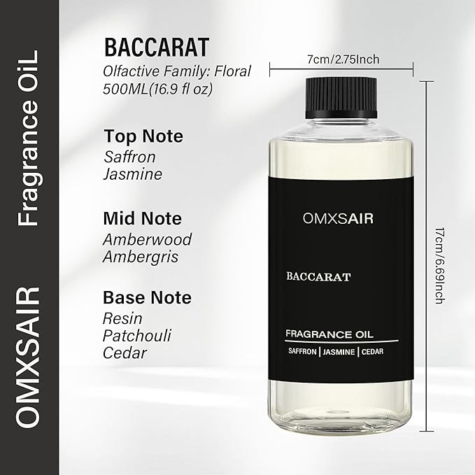 Baccarat Hotel Diffuser Oil Inspired by Baccarat 17.6 Fl Oz(500ml) - Hotel Fragrance Diffuser Oil & Home Luxury Scents - Saffron, Cedar,Ambergris Essential Oils Blend for Aromatherapy Diffuser